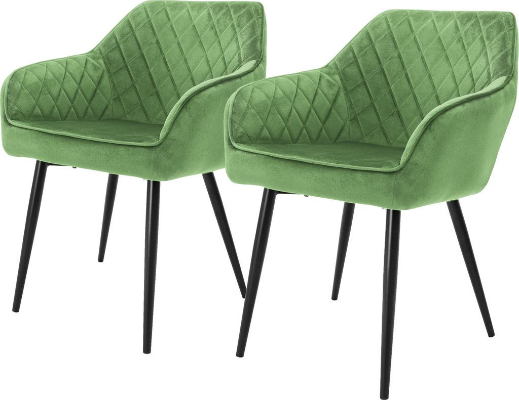 Two green upholstered chairs with black metal legs are shown against a white background.