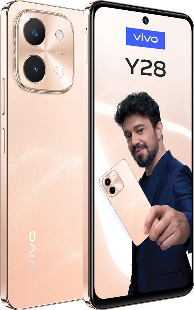 A marketing image for the Vivo Y28 smartphone, showing the phone from the back and front, with a man holding another phone.