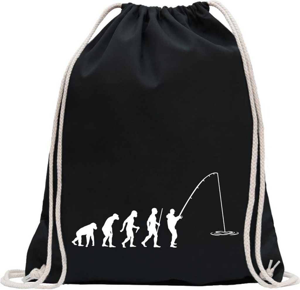 Kiwistar - Turnbeutel - schwarz - Angler Angeln Evolution - Fun Rucksack Sport Beutel Gymsack Baumwolle mit Ziehgurt