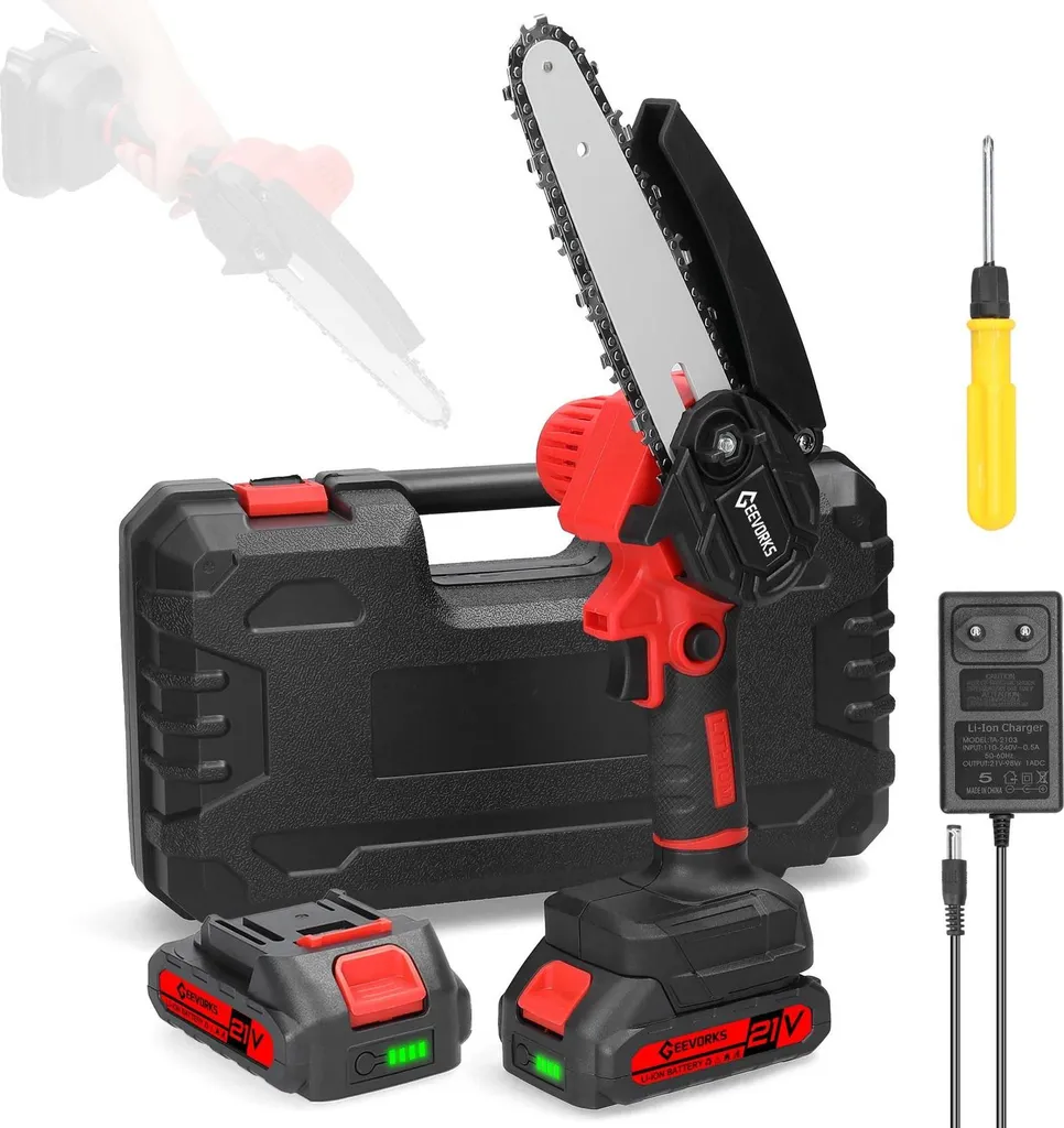 Mini tronçonneuse 21V avec batterie incluse, lame 15 cm ergonomique