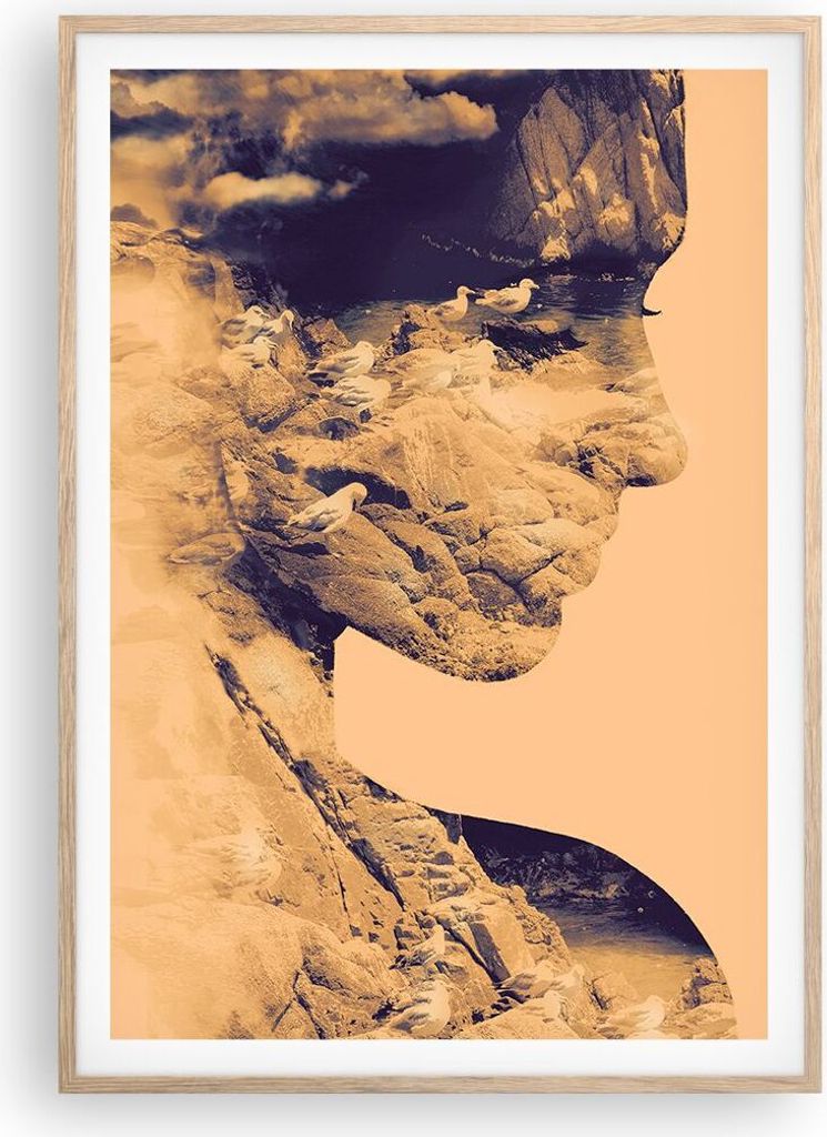 Gerahmtes Poster - Rahmen in heller Eiche - Frau Vögel Fotomontage - 70x100 cm - Wand Bild - Wanddeko - Wandbilder - Wandposter - Bilderrahmen - B...