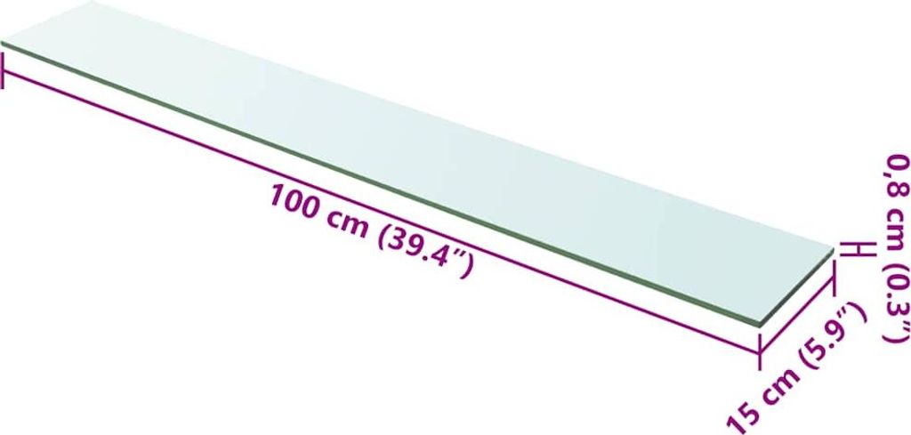 A diagram of a glass shelf with dimensions indicated.