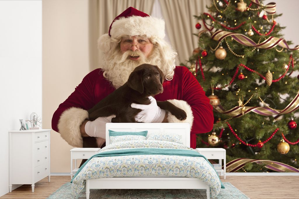 MuchoWow Fototapete für Wohnzimmer oder Schlafzimmer Wandtapete Vinyl Motivtapete Der Weihnachtsmann mit einem braunen Hund in den Händen - 360...