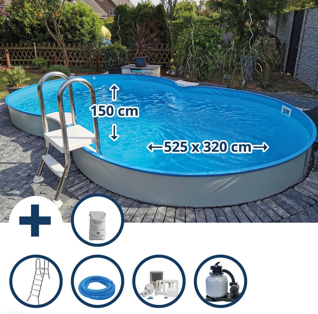 Stahlwandpool Set (9-teil) halbhoch achtform Calypso 525x320x150cm, Stahl 0,8mm weiß Folie 0,6mm bl.