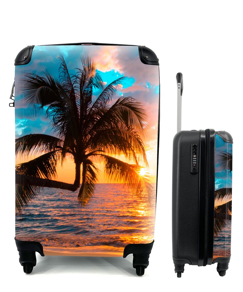 MuchoWow Koffer Handgepäck Trolley Rollkoffer Kleine Reisekoffer mit 4 Rollen - Palme - Sonnenuntergang - Horizont - Strand - Meer - Tropisch - ...
