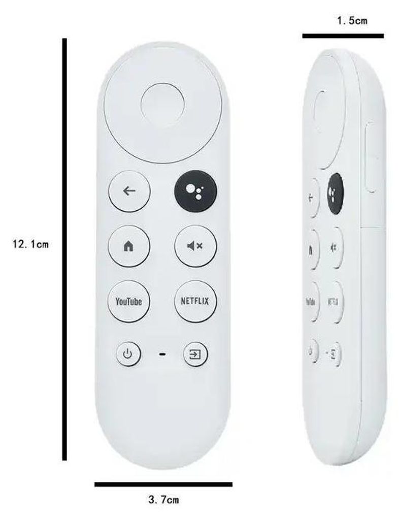 A white remote control for a multimedia player is shown from the front and side, with dimensions indicated.