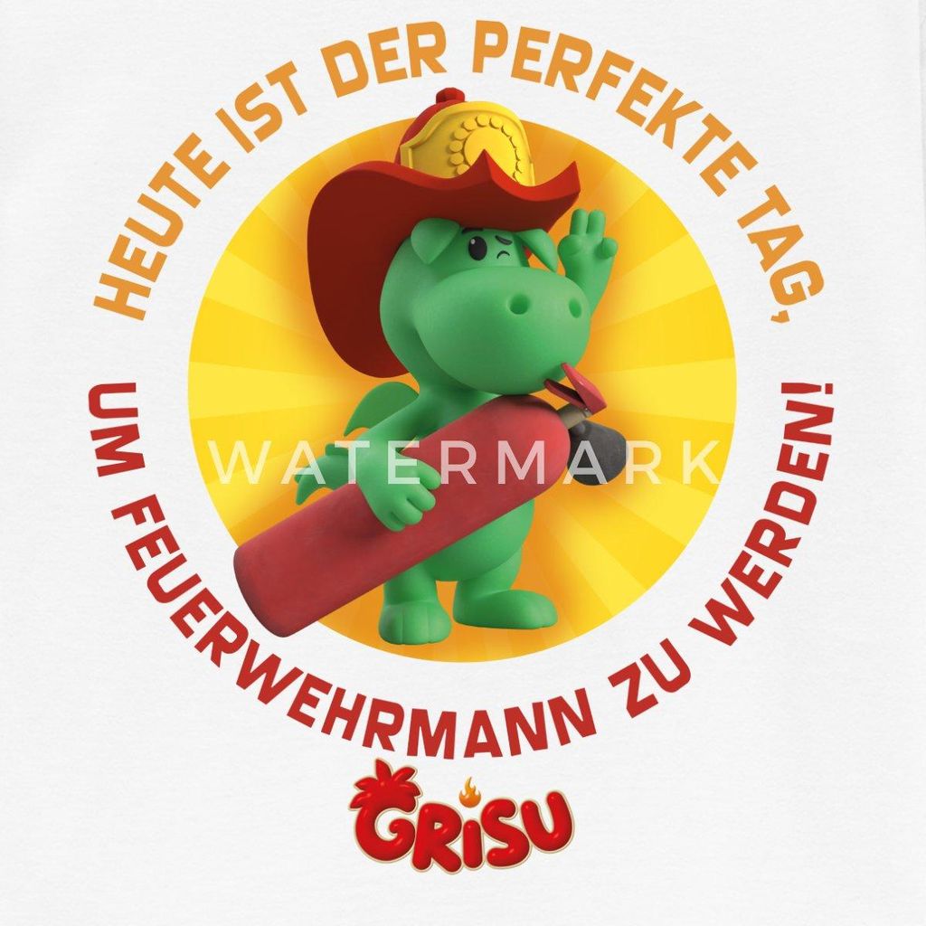 Spreadshirt Grisu Der Kleine Drache Feuerwehrmann Spruch Kinder T-Shirt, 110/116 (5-6 Jahre), Weiß