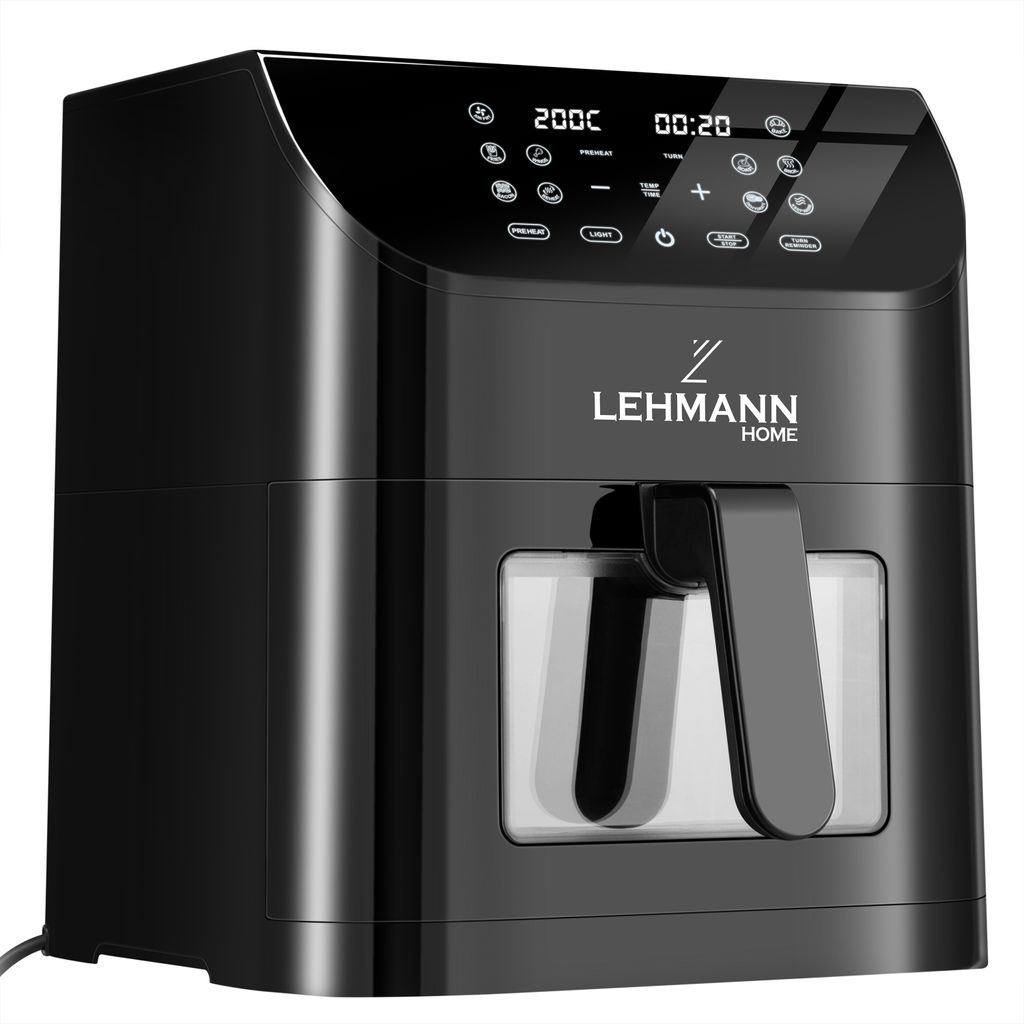 A black air fryer is displayed on a white background.