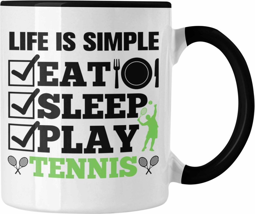 Trendation - Tennis Tasse Geschenk für Tennisspieler mit Spruch für Männer Frauen Eat Sleep Tennis (Schwarz)