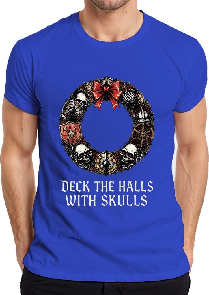 Deck The Halls With Skulls Totenkopf Weihnachtskranz düster Herren T-Shirt, Blau, M