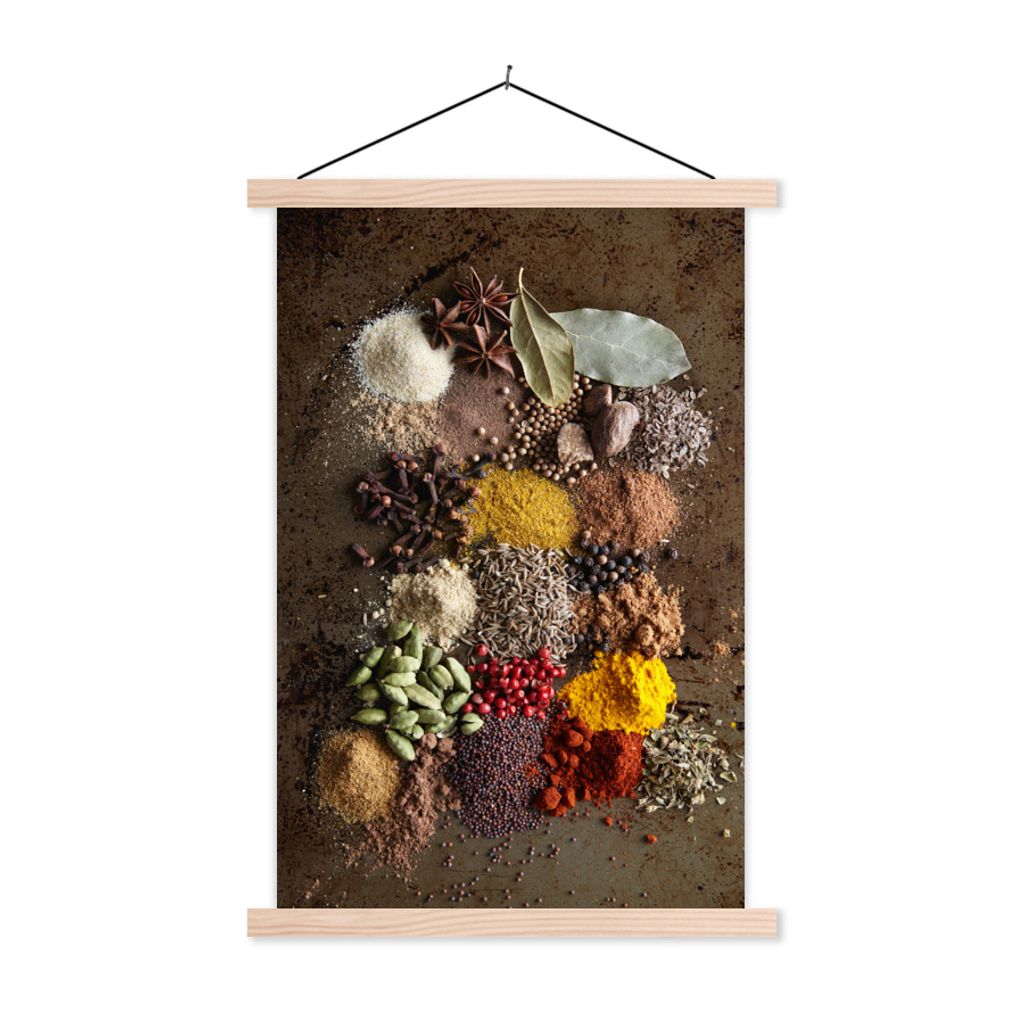 MuchoWow Textilposter Gewürze zusammen gemischt 40x60 cm mit holzfarbenen Rahmen - Poster