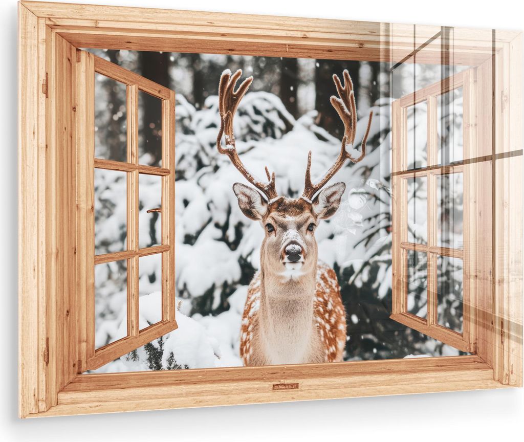 MuchoWow Glasbilder - Bilder auf Wandbild - Foto auf Glas Durchsichtig - Hirsche - Schnee - Winter - Wald - Tiere 120x80 cm Wanddekoration aus Glas...