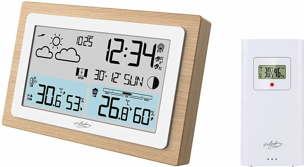Thermomètre hygromètre station météo bois FWS-100 avec horloge radio-pilotée