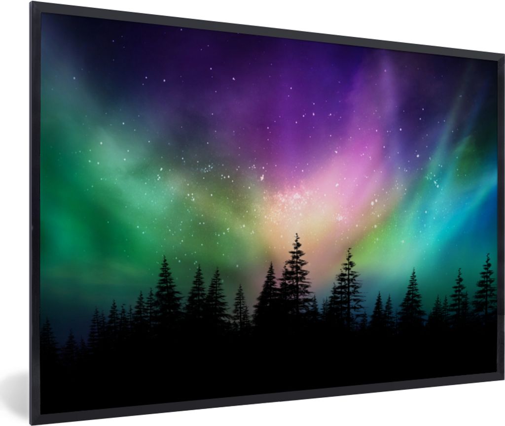 MuchoWow MuchoWow Gerahmtes Poster Nordlicht - Sternenhimmel - Wald - Kanada 60x40 cm - Poster mit zchwarzem Bilderrahmen - Printing - Wanddeko...