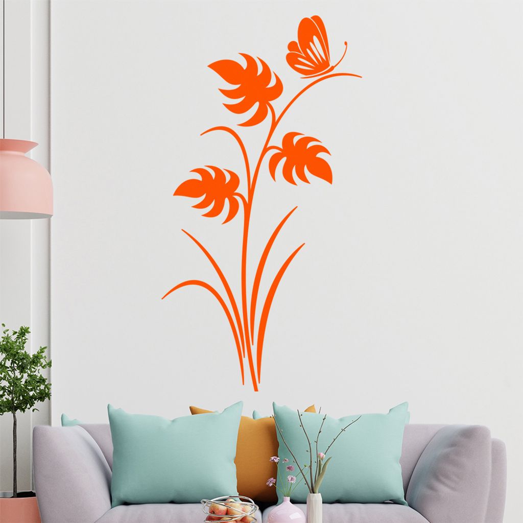 Schmetterling auf Pflanze Wandtattoo in 6 Größen - Wandaufkleber Wall Sticker - Dekoration, Küche, Wohnzimmer, Schlafzimmer, Badezimmer