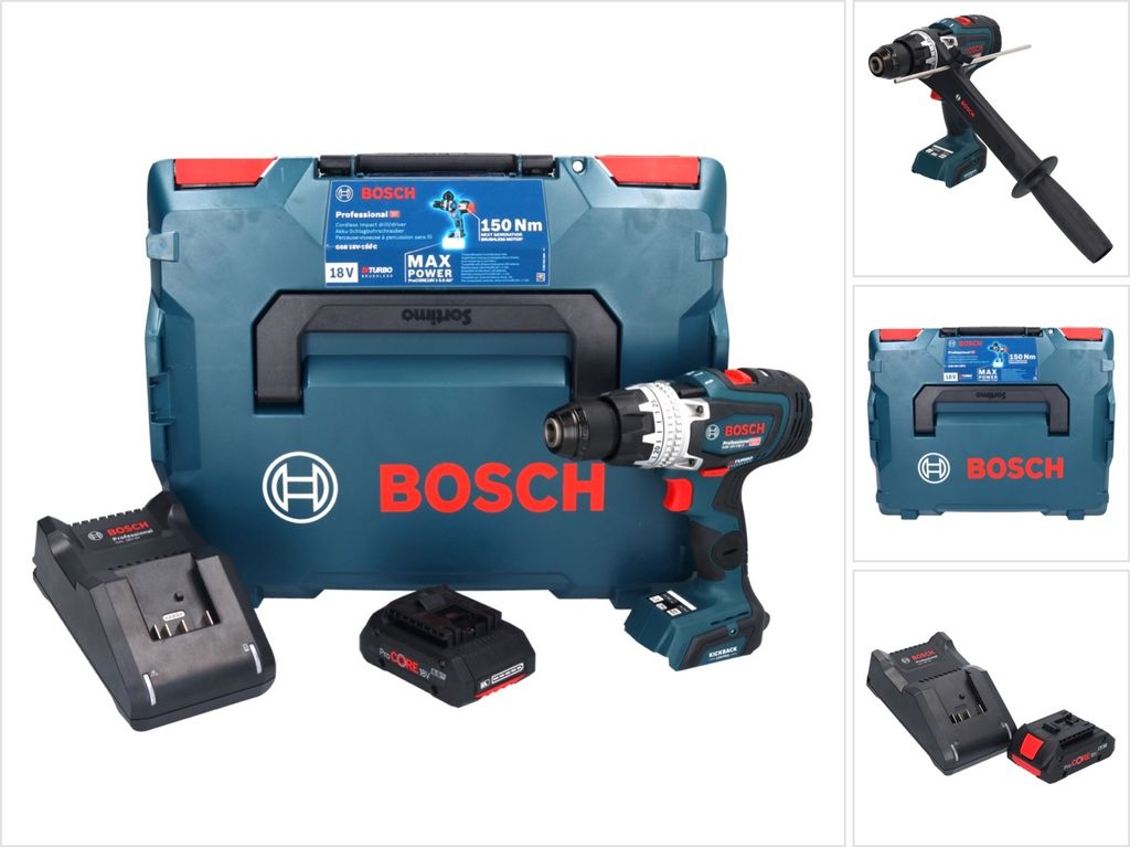 Bosch GSB 18V-150 C Professional Akku Schlagbohrschrauber 18 V 150 Nm Biturbo Brushless + 1x ProCORE Akku 4,0 Ah + Ladegerät + L-Boxx