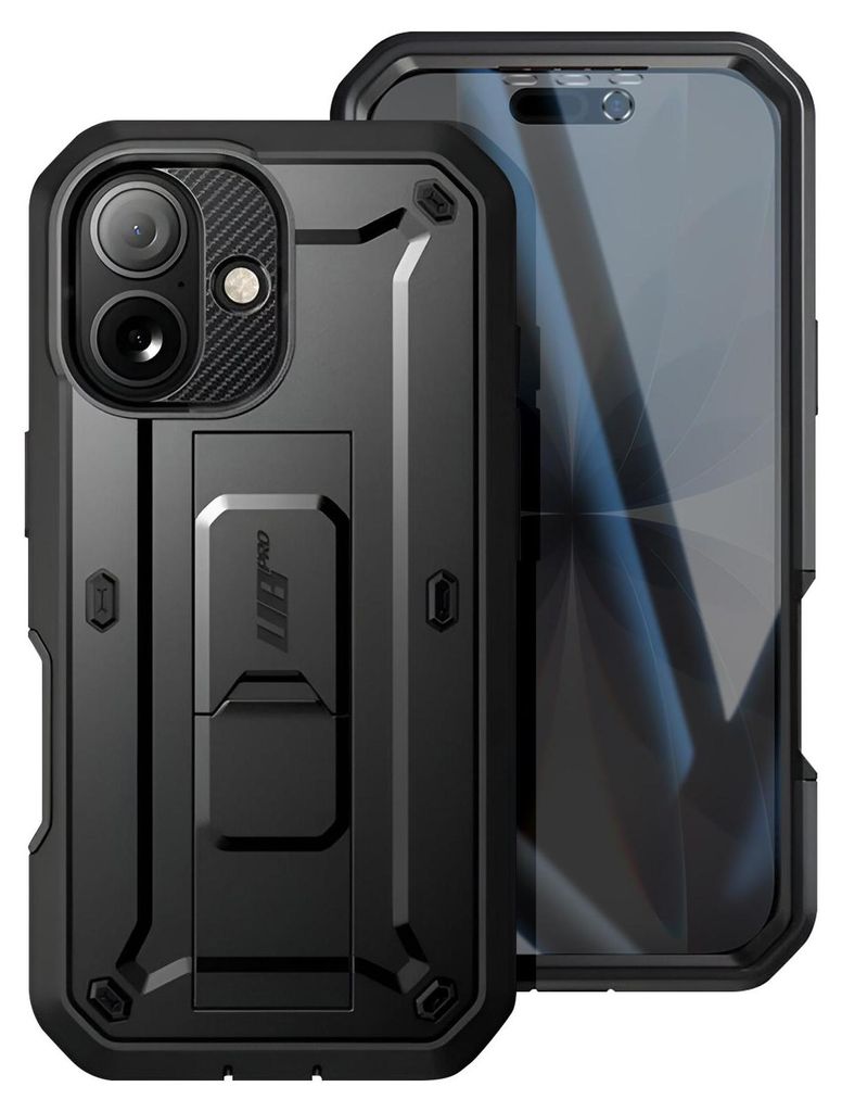 A black protective phone case with a kickstand is shown in a studio setting.