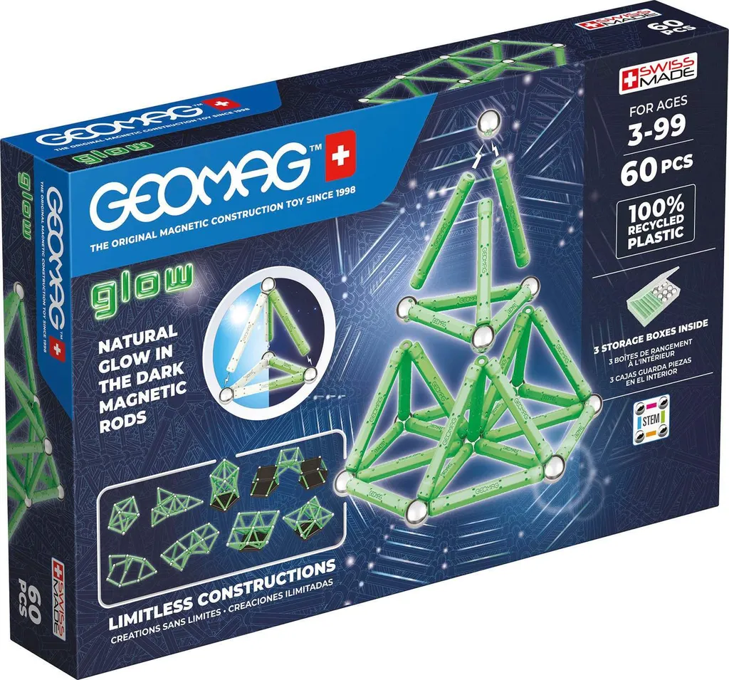 Jeu de Construction Magnétique Geomag Glow 60 pcs qui brille la nuit