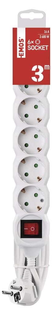 Steckdosenleiste 3 m / 6 Steckdosen / Schalter / weiß / PVC / 1,5 mm2