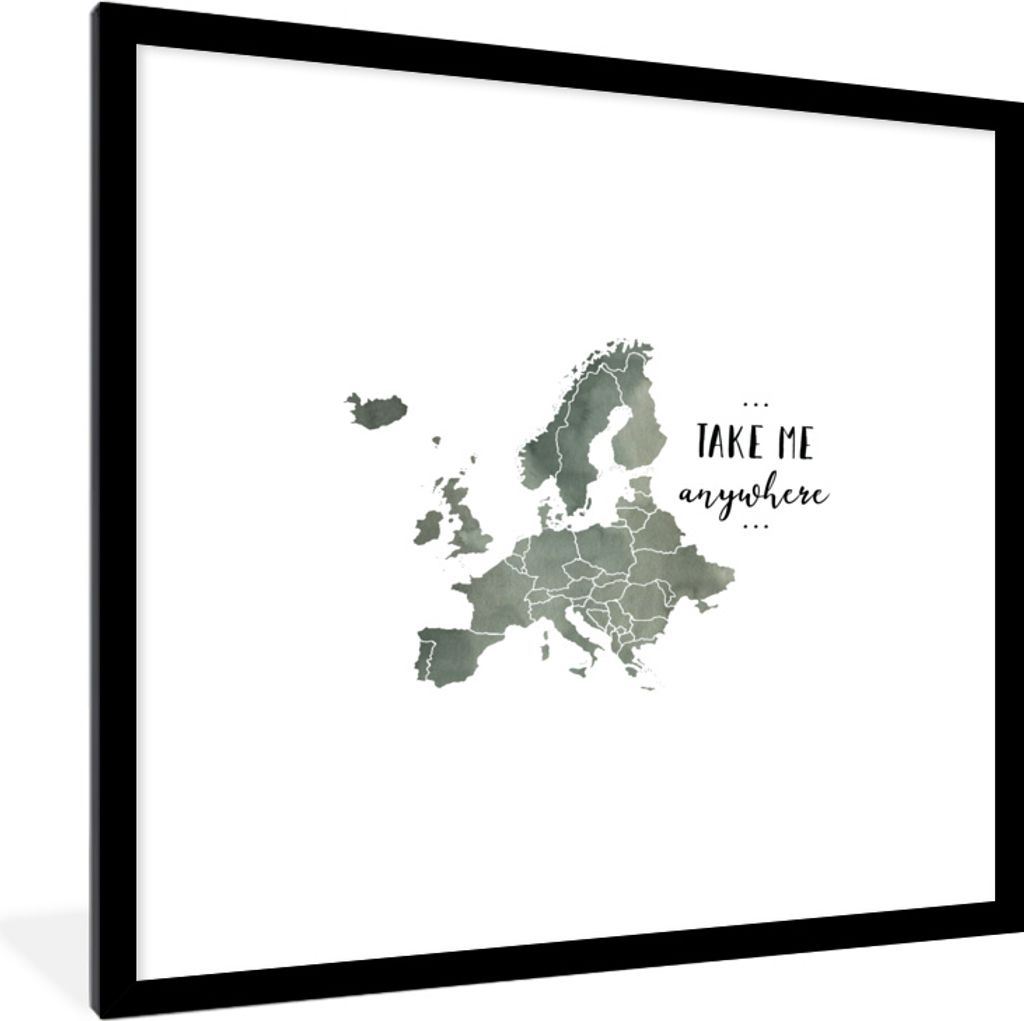 MuchoWow MuchoWow Gerahmtes Poster Karte - Europa - Aquarell - Zitat 40x40 cm - Poster mit zchwarzem Bilderrahmen - Poster - Plakat im Rahmen
