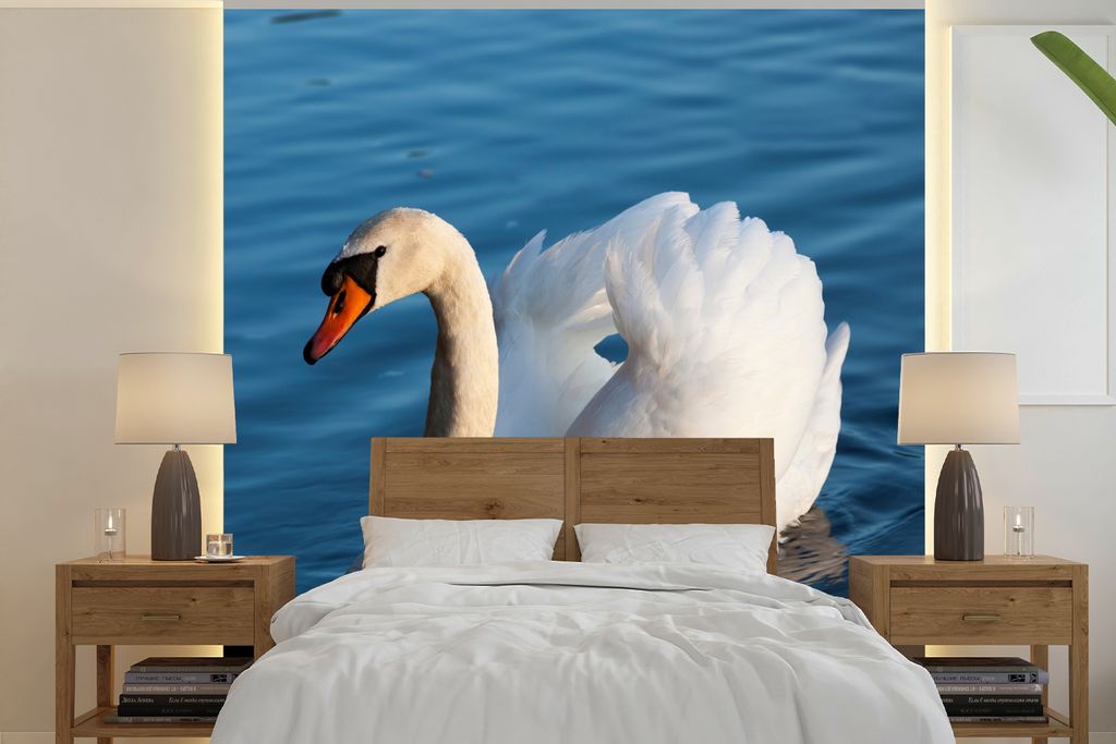 MuchoWow Fototapete für Wohnzimmer oder Schlafzimmer Wandtapete Vinyl Motivtapete Schwan - Wasser - Vogel - Weiß - 240x240 cm - Schlafzimmer-Ta...