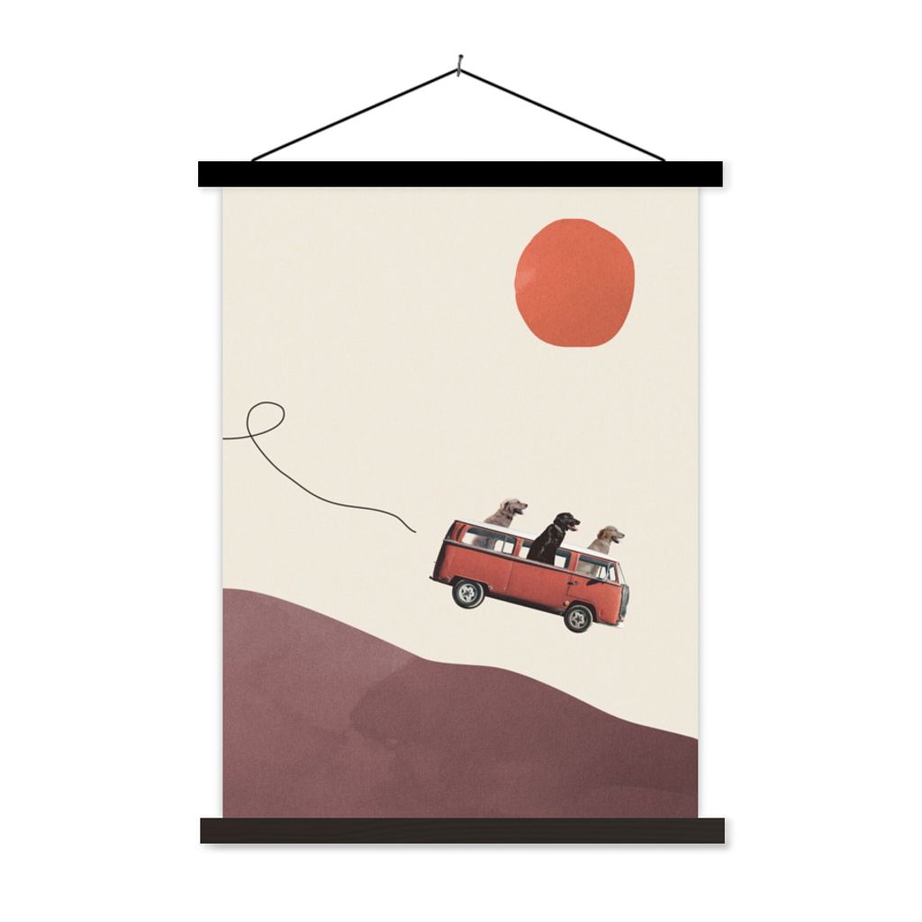 MuchoWow Textilposter Hund - Retro - Bus 120x160 cm mit schwarzem Rahmen - Magnetischer