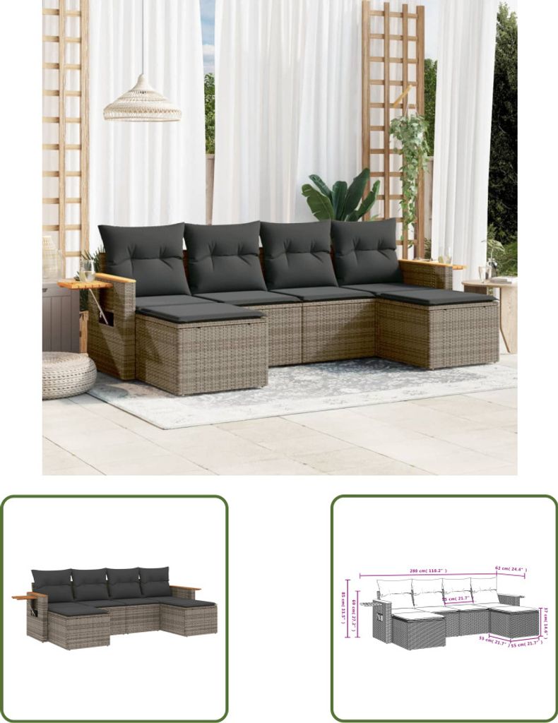 The Living Store 6-tlg. Garten-Sofagarnitur mit Kissen Grau Poly Rattan