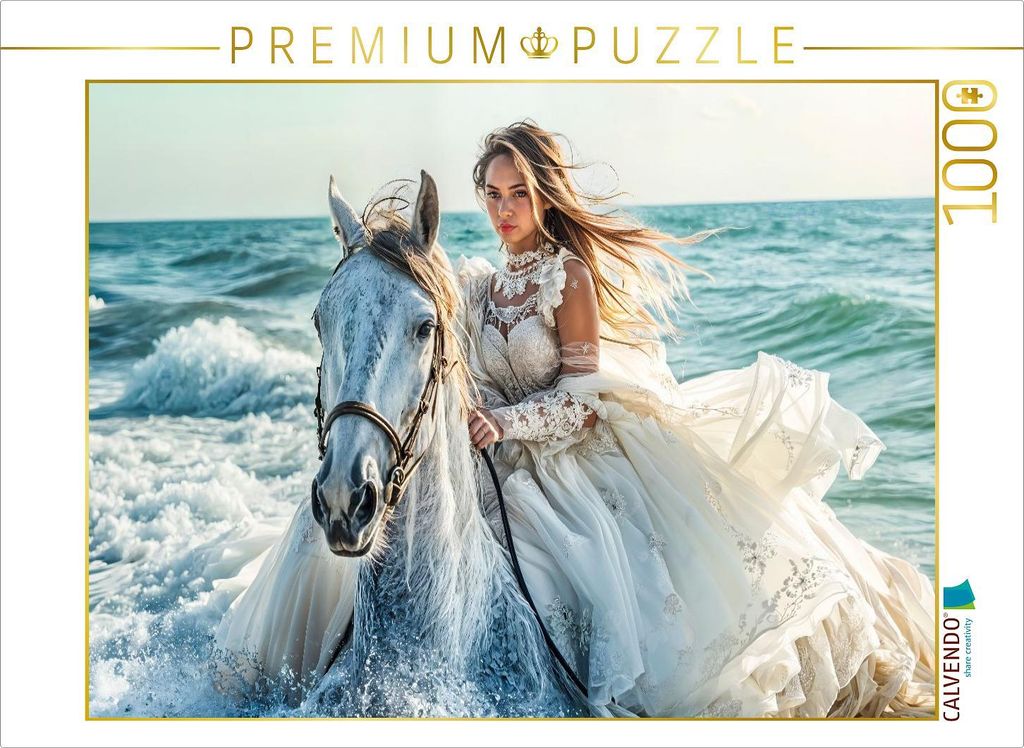 CALVENDO Puzzle Braut auf Pferd in Meereswellen | 1000 Teile Lege-Größe 64x48cm Foto-Puzzle für glückliche Stunden