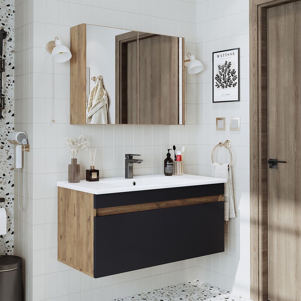 Roomart ATRIA-100 Badmöbel-Set 3-teilig 100 cm breit, Anthrazit-Eiche
