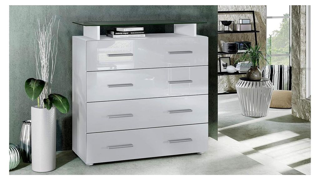 Sideboard Pavos V2, Kommode mit 4 Schubladen und Glasablage, Weiß matt/Weiß Hochglanz (76 x 81 x 35 cm)
