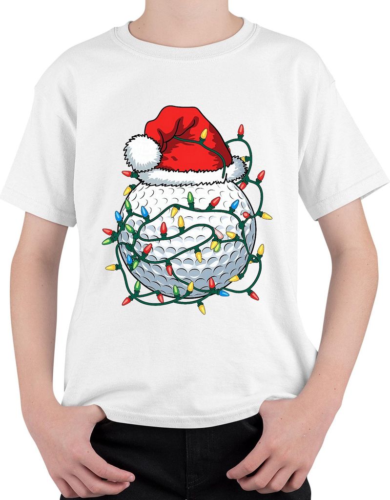 Weihnachten Golfball mit Mütze und Lichtern Golf Geschenk Idee Uni Kinder T-Shirt, Weiß, 152