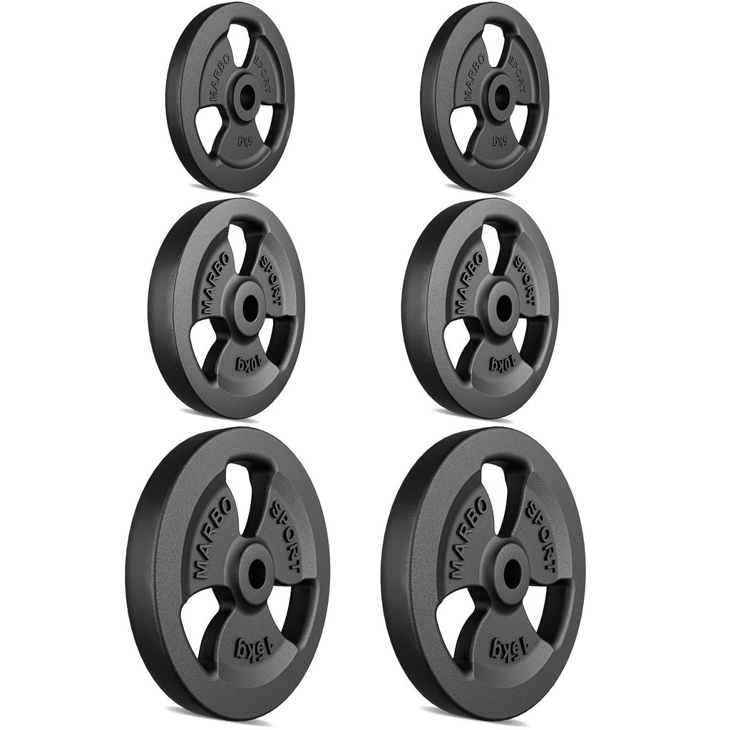 Marbo Sport Tri-Grip Guss Hantelscheiben-Set Gewichte mit ø30/31 mm Bohrung | Set 60 kg / 2 x 15 kg + 2 x 10 kg + 2 x 5 kg