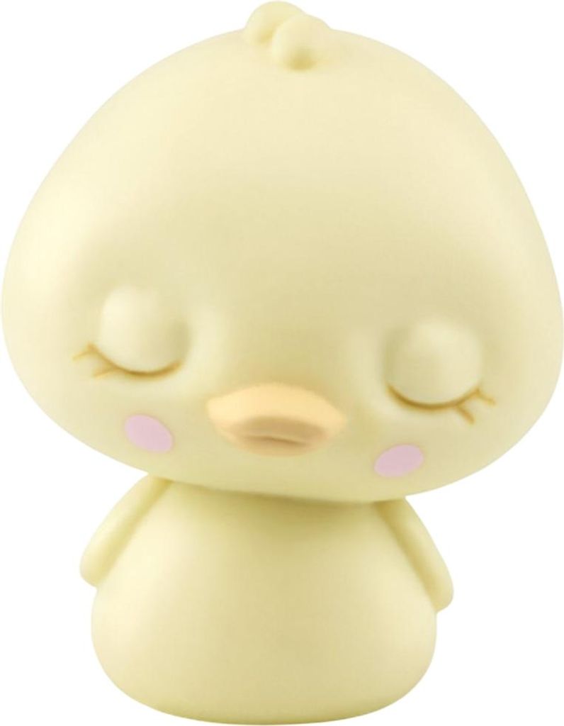 A small, yellow, cartoon-like chick figurine with closed eyes and pink cheeks.