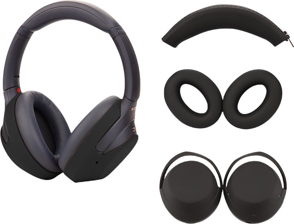 A set of replacement parts for headphones, including the headband and earcups, are laid out on a white background.