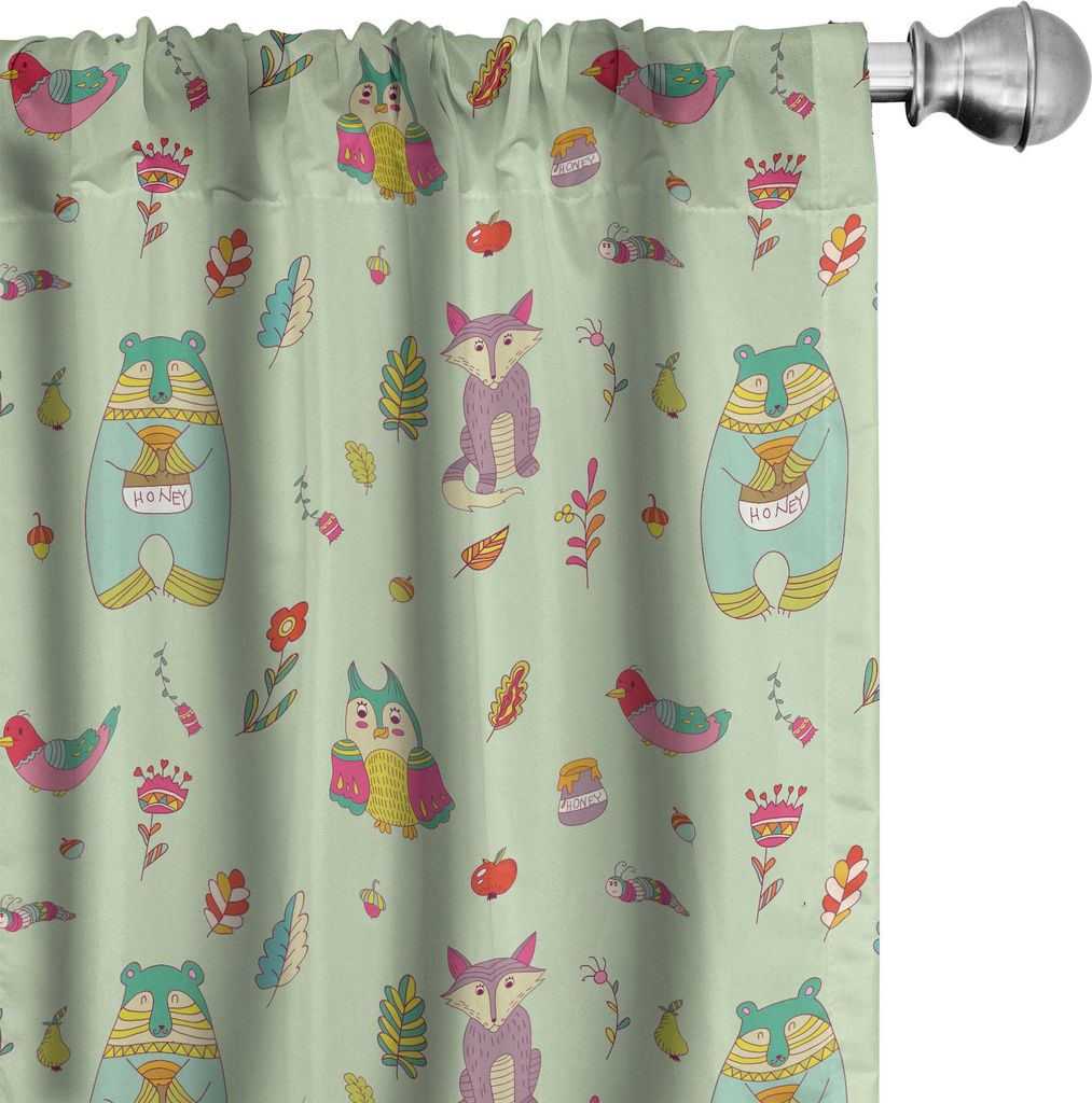 ABAKUHAUS Kindergarten Vorhänge, Gardinen, Waldtiere Owl Fox-Bär, der Honig-Glas-Vögel Blumen Früchte, 2 Stück 75 x 175 cm, Pastellgrün und M...