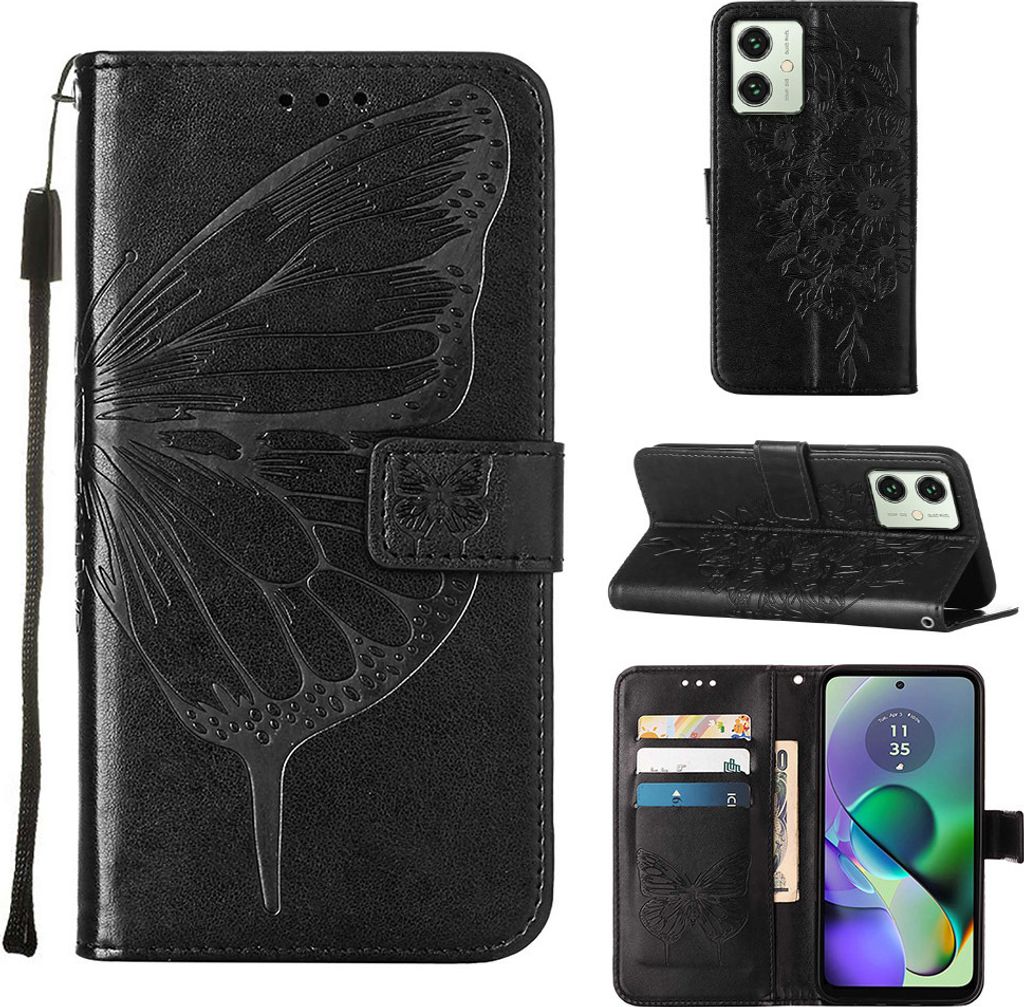 Lederhülle für Motorola Moto G54 Schmetterling Prägung Flip Ledertasche Kartenfächer Handyhülle mit Ständer Schwarz