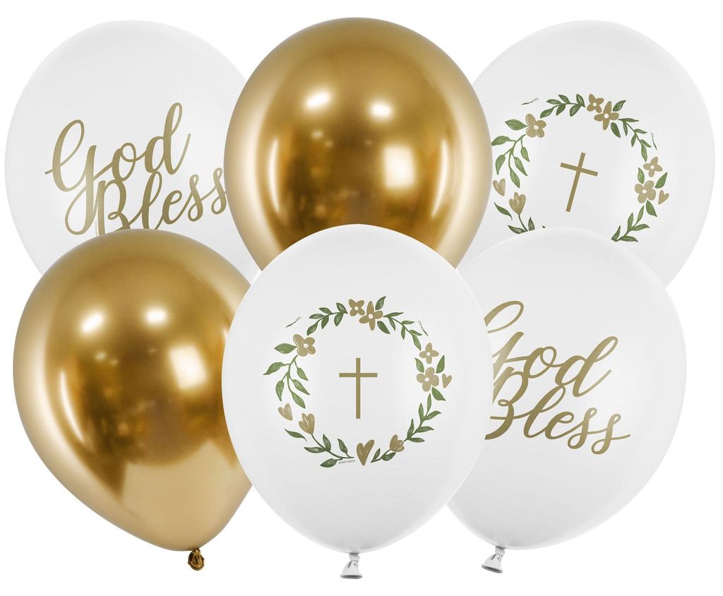 Sechs elegante Kommunion-Luftballons in Weiß und Gold mit „God Bless“-Schriftzug sowie Kreuz- und Kranzmotiven.