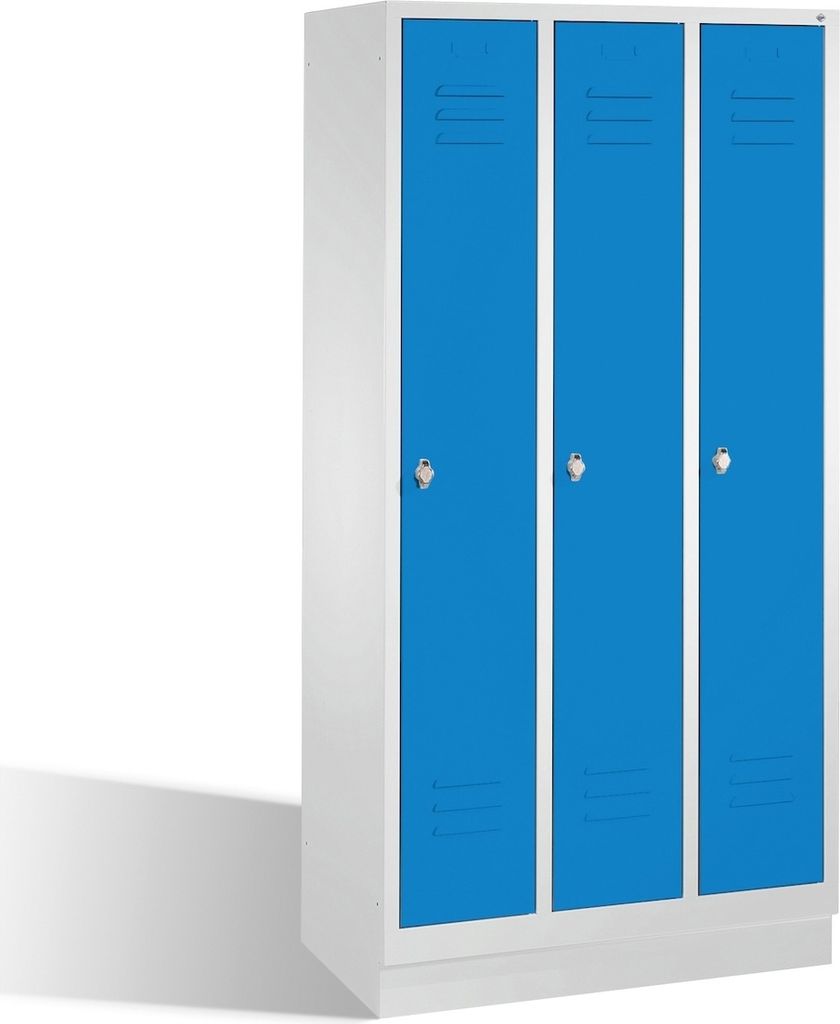 Garderobenschrank, einzeln verschließ. Abteil, BxTxH 900x500x1800 mm, 3 Abteile, B 300 mm, Sockel, Drehriegel, RAL 7035/5012