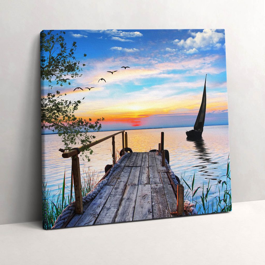 Lake landscape with a boat – Leinwandbild Wandbild – 60x60 cm – Leinwandbilder – Wandbilder – Schlafzimmer – Flur