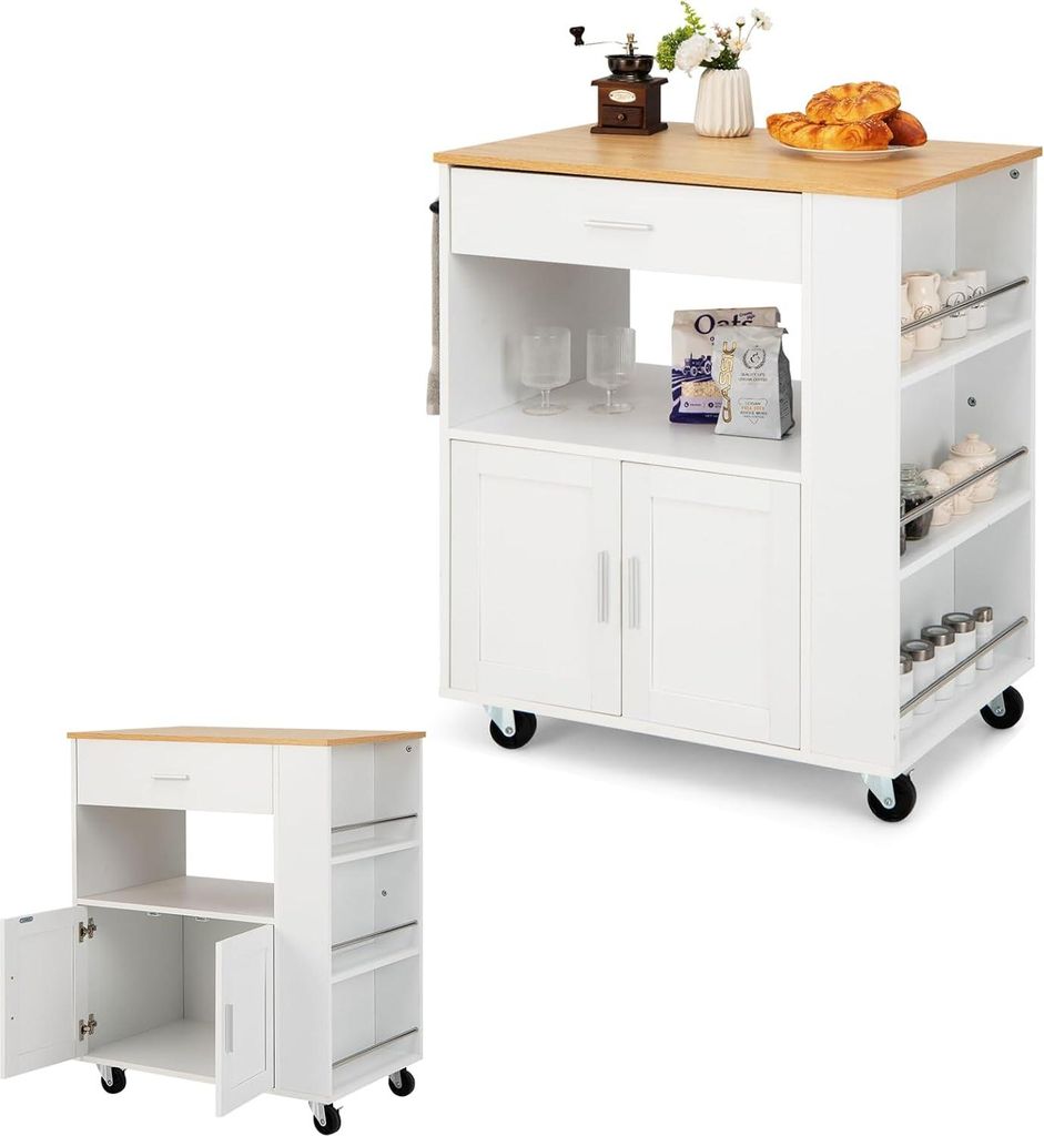 KOMFOTTEU Küchenwagen mit Rollen, Servierwagen mit 3 seitlichen Regalen, Türschrank und Schublade, Aufbewahrungsinsel mit Handtuchhalter, Buffet,...