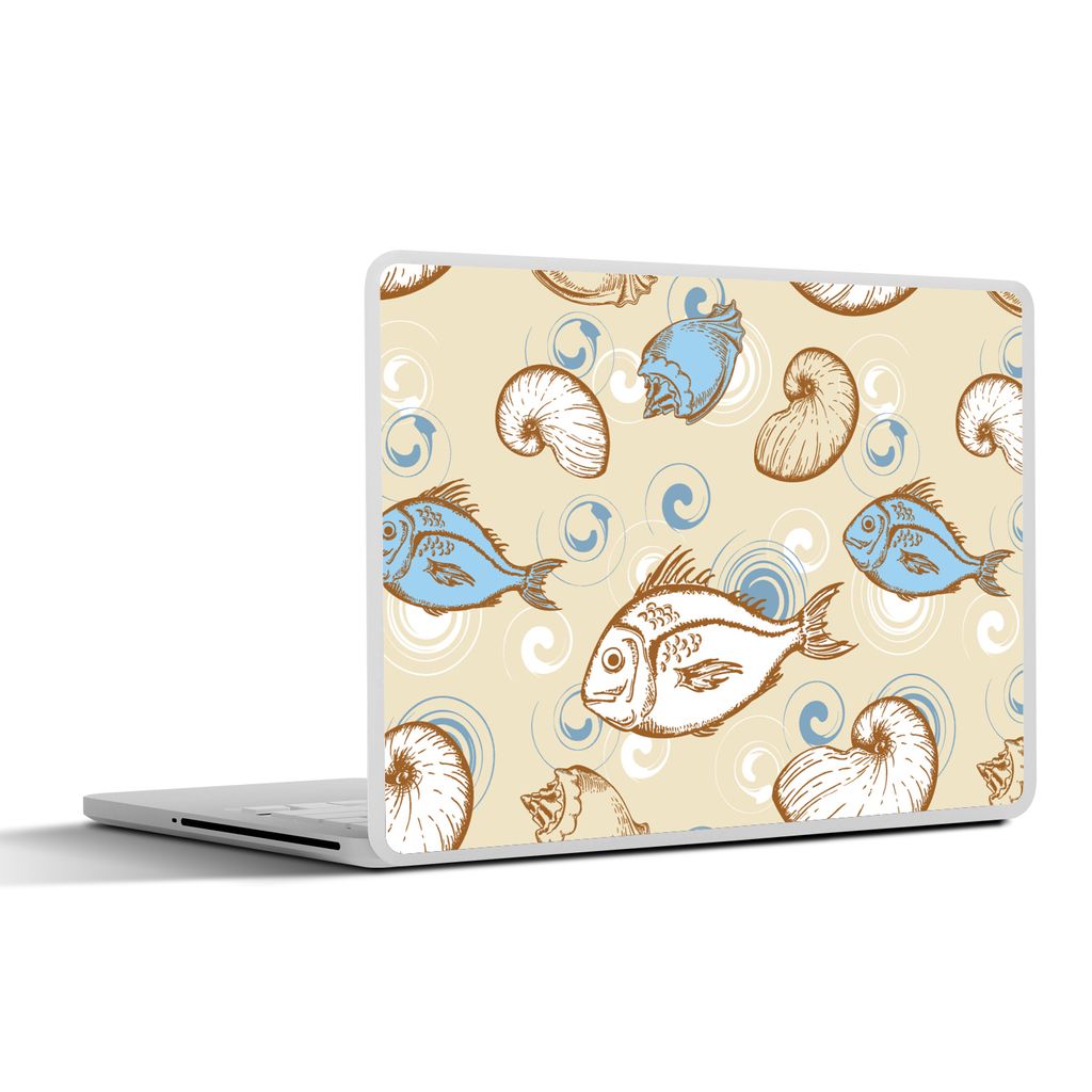 MuchoWow Laptop Aufkleber Sticker Cover Fisch - Muscheln - Pastell - Design - Vintage 25x18 cm - Laptop-Deko