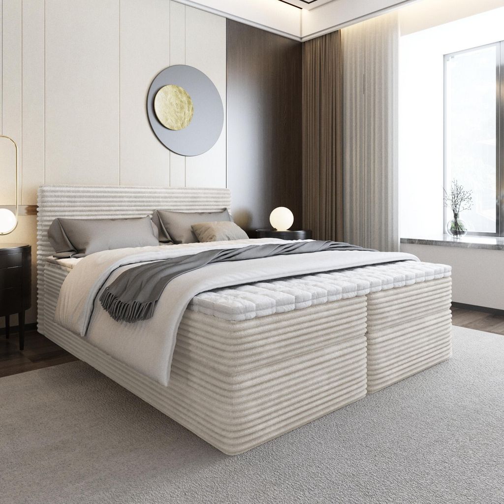 Bett, Boxspringbett, Continentalbett ZENO mit Bonell Matratze, T25 Topper, Doppelbett mit Container, H3 160x200 cm, (Creme - Tilia 03)