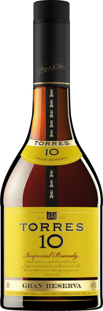 A bottle of Torres 10 Imperial Brandy Gran Reserva.
