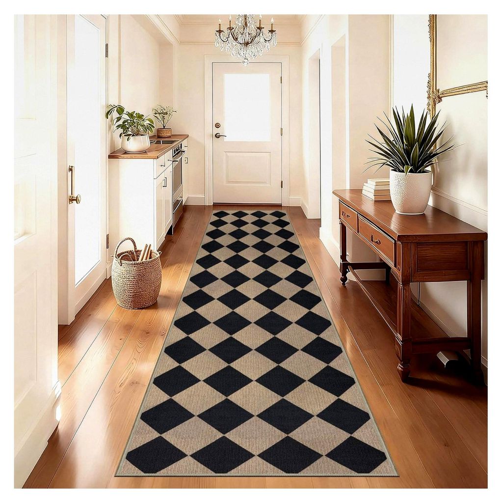 Teppichläufer Flur 80x300 cm Raute Jute-Optik Küchenläufer Natürlich Waschbar Schwarz Rutschfest für Wohnzimmer, Flur, Eingang, Küche, Schlaf...