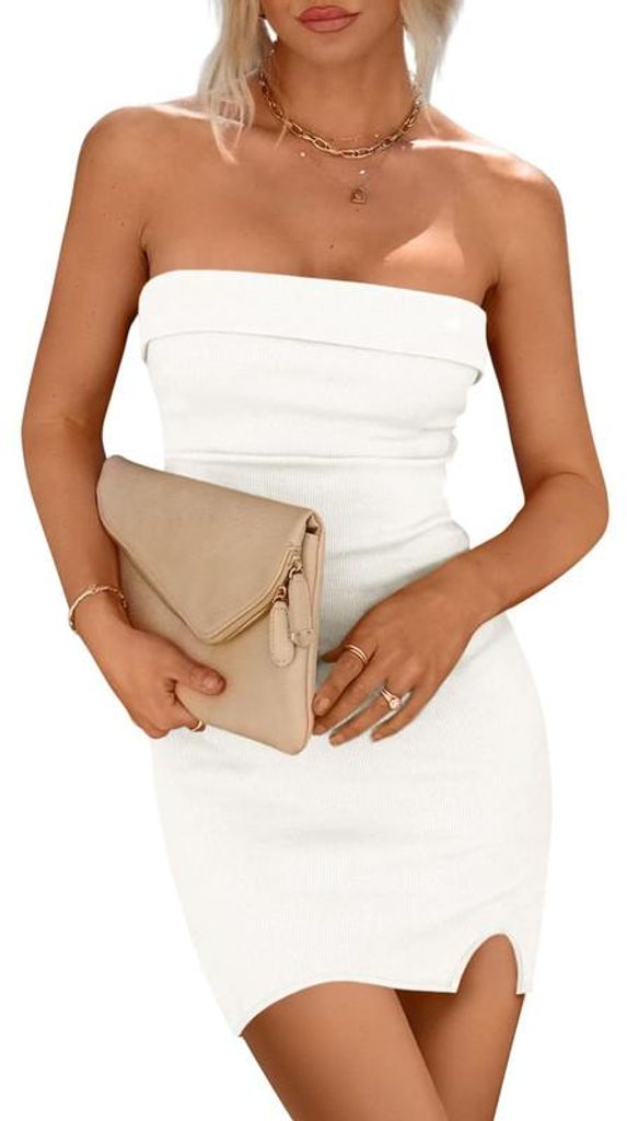 Imily Bela Trägerloses, figurbetontes Kleid für Damen, geripptes Strickkleid für Hochzeitsgäste, Minirock, trägerloses Top zum Ausgehen
