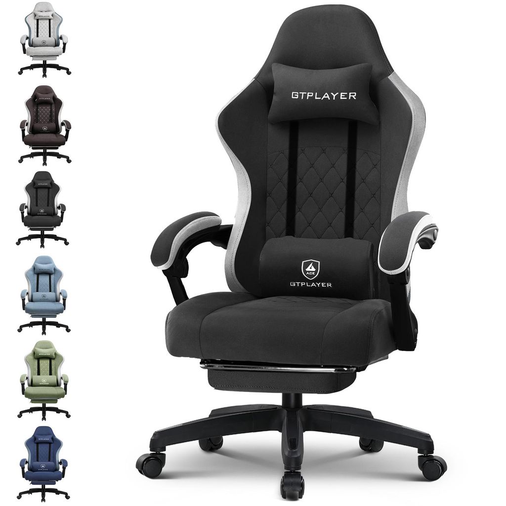A gaming chair is shown in multiple colors on the left, with a black gaming chair in the center.