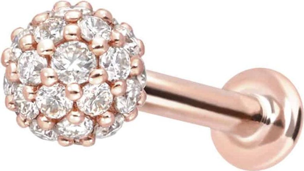 Ohrpiercing, Nasenpiercing 14 Karat Gold Labret mit Innengewinde MULTI-MOISSANIT RoséGold Stablänge: 5mm + Stabstärke: 1mm + Kugelgröße: 3mm