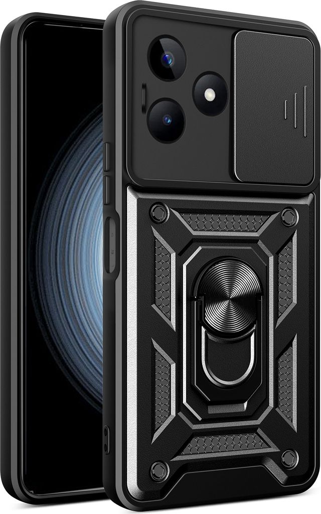 Hülle für Realme C53 / Narzo N53 mit Ring Ständer Halter Dia Kameraschutz TPU PC Hybrid Handyhülle Schwarz