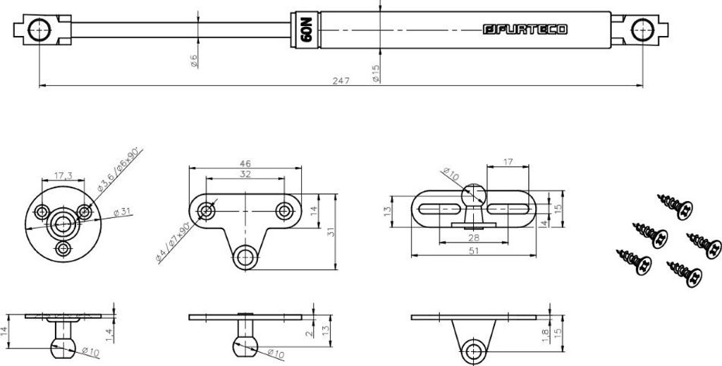 Gasdruckfeder PG1, 244mm, 120N Produktbild 
