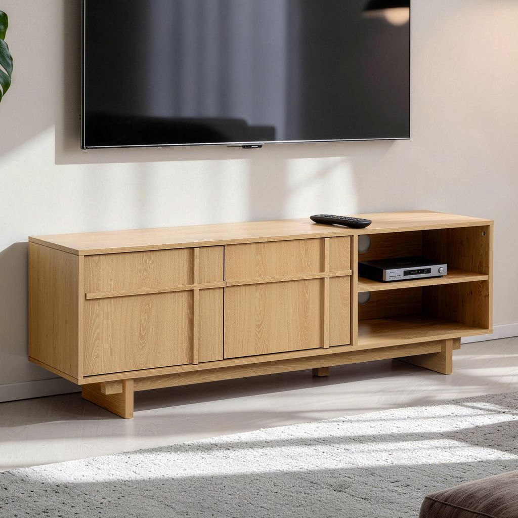 TV-Schrank im modernen skandinavischen Stil, TV-Lowboard mit 2 Türen & 2 Ablagen,Holzoptik | B140 x T40 x H50 cm